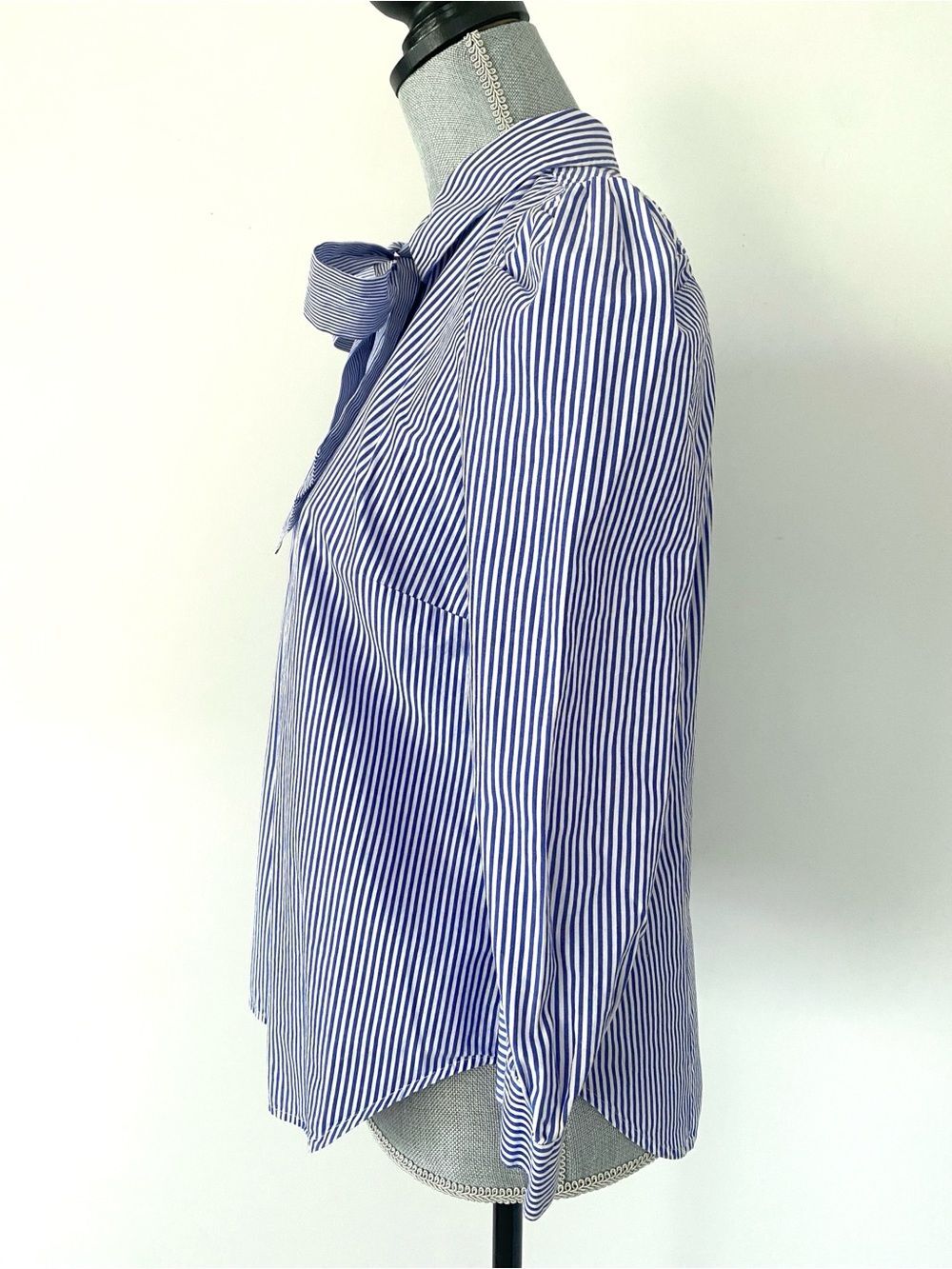 J. Crew x Thomas Mason Blue/White Striped Bow-Tie Blouse Sz 8 Puff Sleeve Preppy - Picture 6 of 13
